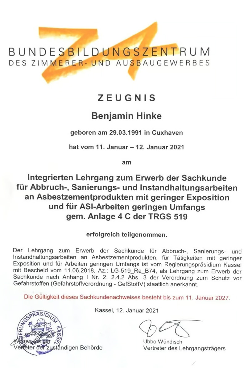 Auch der Asbestschein ist in der Tasche!